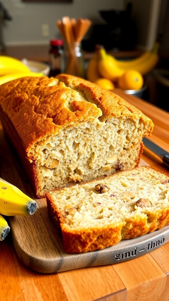 A loaf of moist banana bread sliced on a cutting board, with ripe bananas in the background.